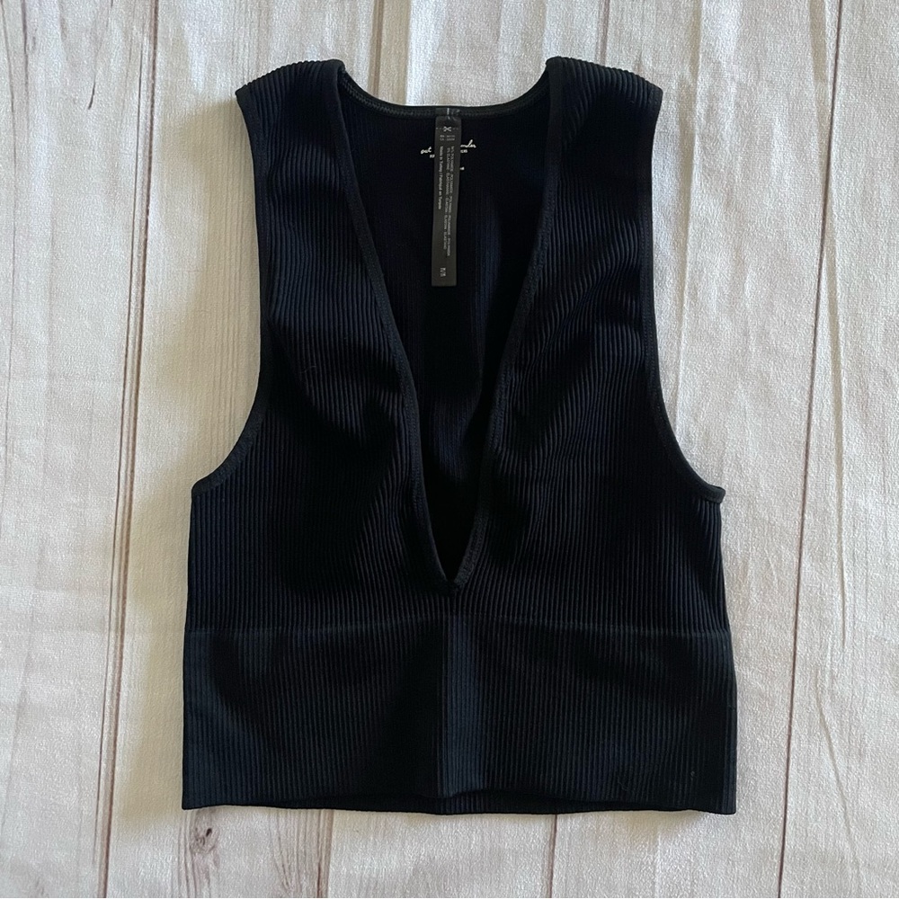 Urban Outfitters Black Ribbed Deep V Crop Top